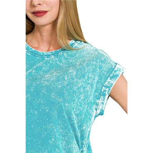 Zenana Crinkle Washed Round Neck Folded Short Sleeve Tee - Picture 3 of 4